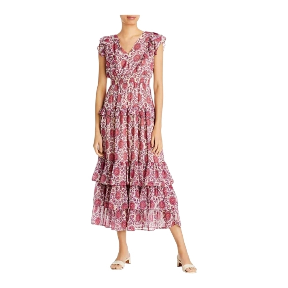 Aqua Pink Floral Tiered Midi Dress, Size Small